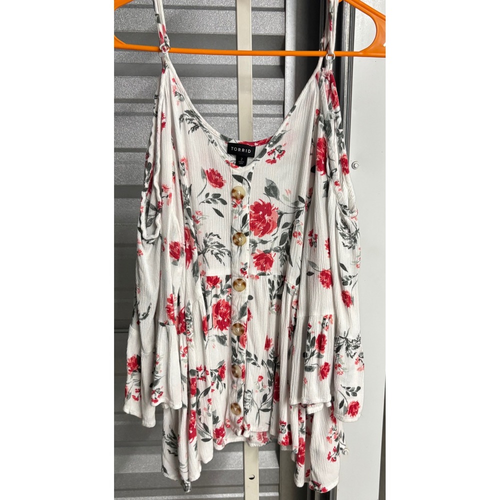 Torrid White Red Floral Cold Shoulder Button Front Babydoll Top Size 2 2X